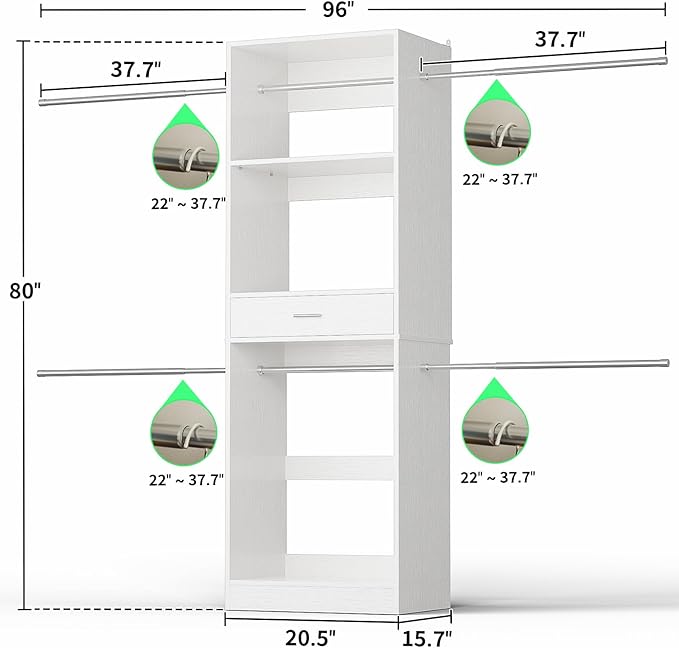 Unikito 8FT Closet System, 96 Inch Walk in Closets Organizer Kit with 4 Extendable Hanging Rods and Drawer, Adjustable Wood Garment Rack, Sturdy Closet Insert, Easy Assembly, Max Load 1000 LBS, White