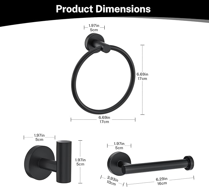 4-Piece Matte Black Bathroom Hardware Accessories Set,Black Towel Ring Set Toilet Paper Holder,Robe Hooks,Stainless Steel Wall Mounted Rustproof Modern Bathroom Set