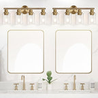 4-Light Bathroom Light Fixtures, Brushed Brass Modern Vanity Lights with Cyan Glass Shades, Bathroom Wall Lamp for Mirror Kitchen Living Room