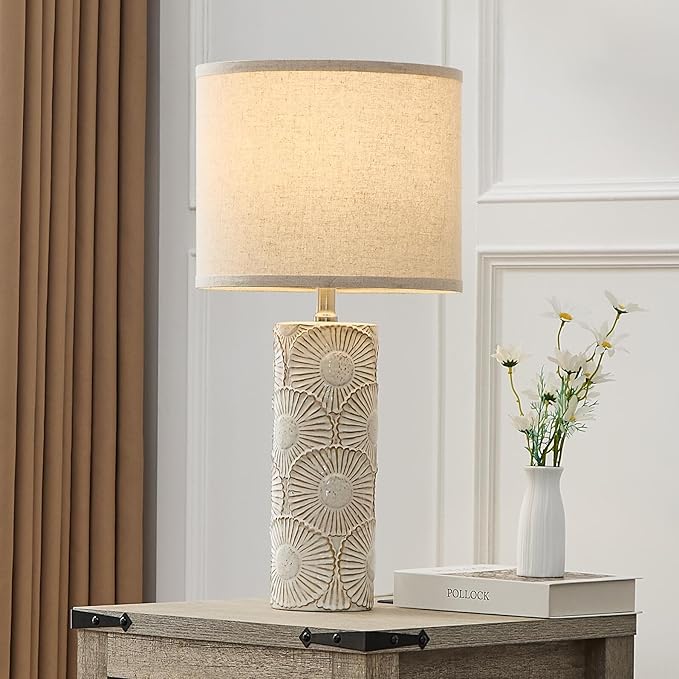 25.25" Tall White Lamps Set of 2 with Floral Design, Farmhouse White Ceramic Lamps Set of 2 for Bedroom, Living Room, Beige Table Lamps for Nightstands, Console Table