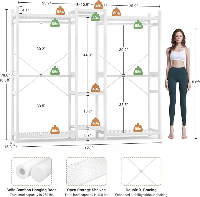 Homykic Bamboo Closet System Clothes Rack, Large Freestanding Garment Rack Clothing Rack for Hanging Clothes with 7 Storage Shelves and 5 Rods, Open Wardrobe Organizer with 4 Hooks, White