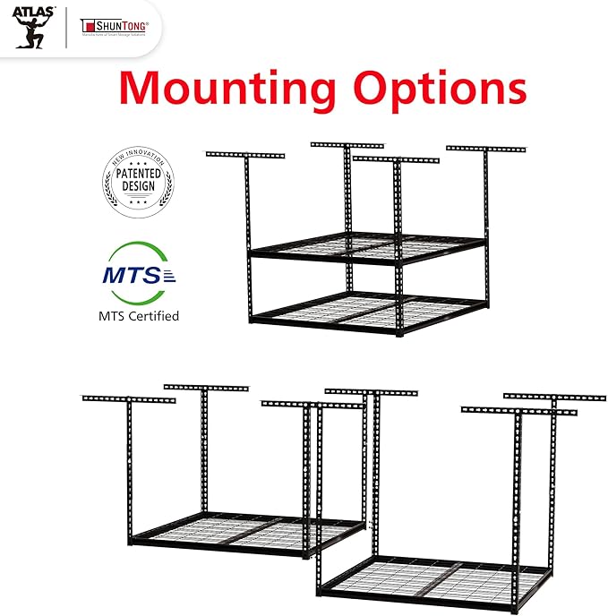 The Atlas Pro 4 x 8 ft Overhead Garage Storage Rack, Ultra Duty 1250lbs Weight Capacity, Adjustable Height 26"-48", Hammertone