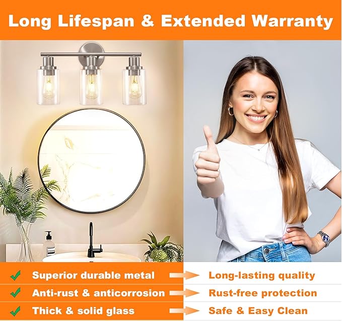 DLLT 3-Light Bathroom Light Fixtures: Nickel Modern Vanity Lights with E26 Bulbs - Clear Glass Shade Bathroom Wall Lamp for Mirror Kitchen Living Room - 2 Packs