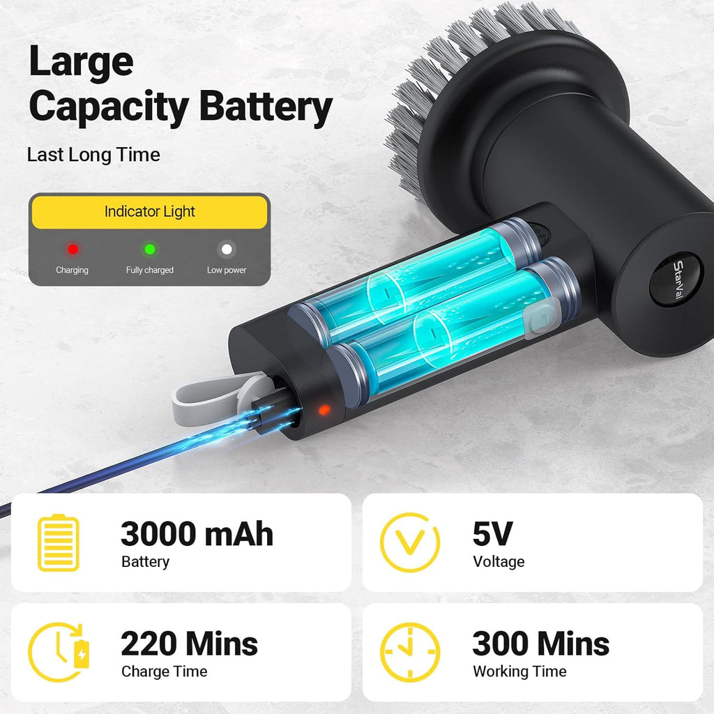 Electric Spin Scrubber, 3000 mAh Cordless Power Scrubber with 8 Replaceable Heads, Dual Speed Lightweight Handheld Scrubber for Cleaning Stove/Bowl/Sink/Corner/Tile/Grout (Black)