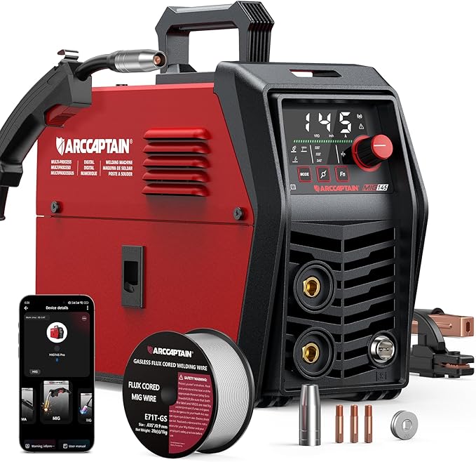 ARCCAPTAIN iControl MIG145 Pro 145A Flux Core MIG Welder 120V Welding Machine Gasless MIG Welder Flux MIG/MMA Stick/Lift TIG, 3 in 1 Welder Machine with Synergy, Portable Welder, APP Control
