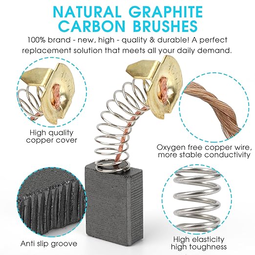 60 Pcs Electric Motor Carbon Brushes Set, 10 Assorted Sizes Graphite & Copper Replacement Parts for Power Tools, Drills, Saws, Grinders, Motors