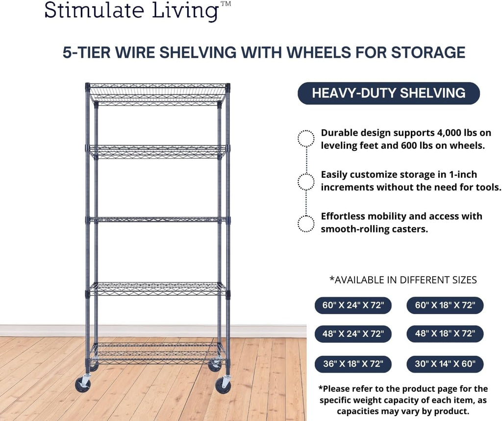 36"x18"x72" Prime Heavy Duty Black 5-Tier Wire Shelving NSF 4000 LBS MAX Capacity Storage Rack for Commercial, Hospital, School, Garage, and Kitchen Uses (with Wheels)