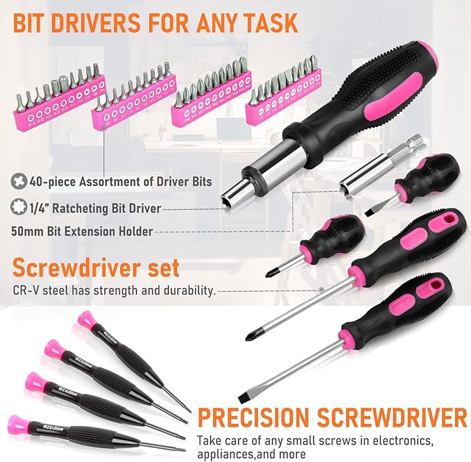 THINKWORK Pink Tool Set - 207 Piece Lady's Portable Home Repairing Tool Kit with 13'' Wide Mouth Open Storage Tool Bag, Perfect for DIY, Home Maintenance - Christmas Gift for Women, LHTS-034