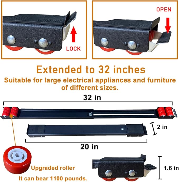 Appliance Rollers Heavy Duty,Max 32in,Second Generation Extendable Appliance Rollers Mobile Washing Machine Base Easily Move Washing Machines, Dryers, Refrigerators, Furniture (Black (Upgrade wheel))