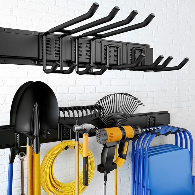 32 Inches Garage Storage, Garage Organization, Wall Mount Garden Tool Organizer, Max 300lbs Adjustable Metal Hooks, Yard Shed Hanging Rack, Heavy Duty Shelving for Rake Broom Mop Snowboard