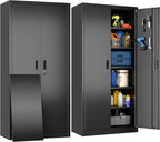 Metal Storage Cabinets with 2 Doors and 5 Adjustable Shelves, 71" H Lockable Garage Storage Cabinet with Pegboard and Hooks, File Cabinet with Lock for Office, Home, Garage, Black