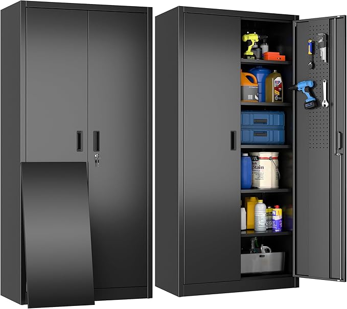 Metal Storage Cabinets with 2 Doors and 5 Adjustable Shelves, 71" H Lockable Garage Storage Cabinet with Pegboard and Hooks, File Cabinet with Lock for Office, Home, Garage, Black