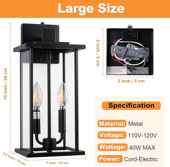 Large Motion Sensor Outdoor Sconce 2-Pack, 16" Black Dusk to Dawn Wall Light, Outdoor Wall Mount Fixtures, 2-Light Exterior Waterproof Wall Lights, Doorway, House Front Door, Patio, Garage