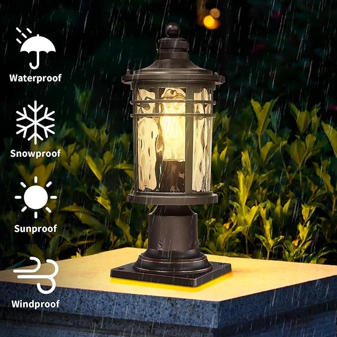 Darkaway Outdoor Post Light,Lamp Post Light Fixture, Waterproof Aluminum Housing with Amber Ripple Glass for Garden Patio Pathway Entry