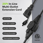 BN-LINK 25 ft Outdoor Extension Cord w/3 Inline Outlets 16/3 Gauge, SJTW Green for Landscaping & Holiday Decorations, Grounded, ETL Listed，Black