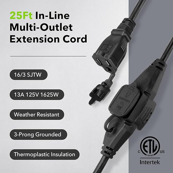 BN-LINK 25 ft Outdoor Extension Cord w/3 Inline Outlets 16/3 Gauge, SJTW Green for Landscaping & Holiday Decorations, Grounded, ETL Listed，Black