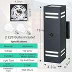 Motion Sensor Outdoor Wall Lights, Dusk to Dawn Porch & Patio Sconce with E26 Dimmable LED Bulbs, Black Aluminum Up & Down Exterior Lights for Garage, Garden, Front Door, ETL Listed