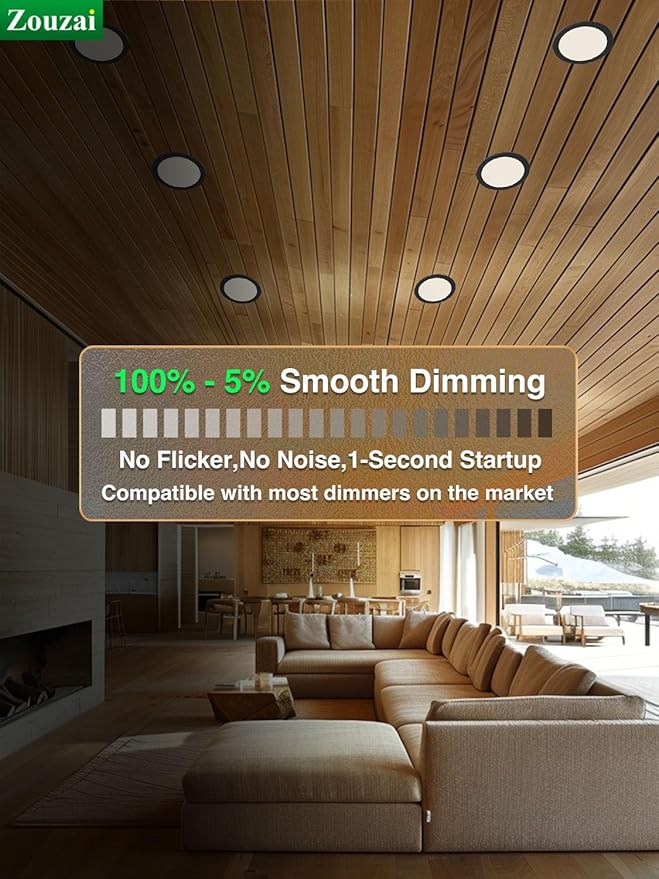 zouzai 8 Inch Black 18W Eqv 150W 1685LM 5CCT Ultra-Thin LED Recessed Ceiling Light with Junction Box 2700K/3000K/3500K/4000K/5000K Selectable, Dimmable ETL and Energy Star Certified【6 Pack 】