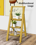 Taranta 3 Step Ladder, Lightweight Aluminum Step Stool with Convenient Handgrip, Folding Ladder with Anti-Slip Pedals, 330lbs Capacity Stepladder for Home, Office, Kitchen - Twilight Yellow