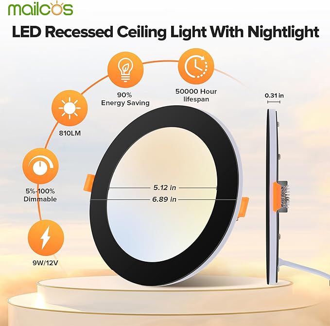 MAILCOS 12 Pack Black 6 Inch 5CCT LED Recessed Ceiling Light with Night Light, 2700K-5000K Selectable, Ultra-Thin Lighting, 12W=110W, 1050LM, Dimmable Canless Wafer Downlight ETL Certificated