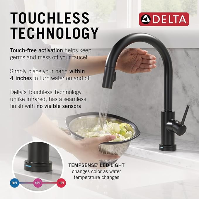 Delta Trinsic Touchless Kitchen Faucet with Touch Technology, Matte Black Kitchen Sink Faucet with Pull Down Sprayer, Single Hole, Matte Black 9159TL-BL-DST
