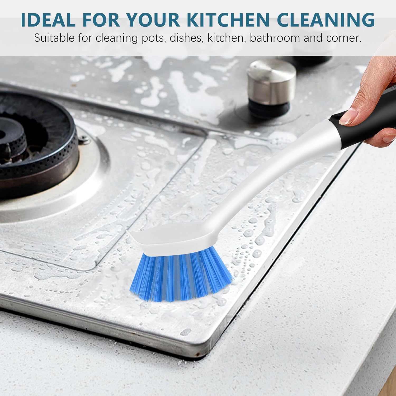 SetSail Dish Brush Set of 3 with Bottle Brush, Dish Scrub Brush with Long Handle Deep Cleaning Handle Brush with Scraper Tip for Kitchen Sink Dishes Bottle Cup Pot and Pans Tile Lines, Black Blue