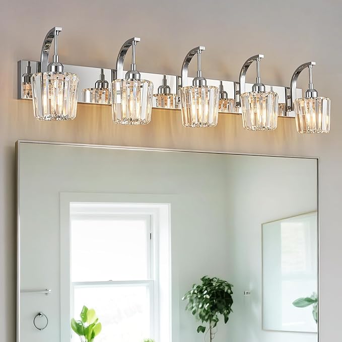 Modern Bathroom Vanity Light, 5-Light Chrome Wall Sconce with Crystal Accents, Over Mirror Bathroom Lighting Fixture, 42.52" Long Dimmable Vanity Lamp for Makeup, Easy Installation