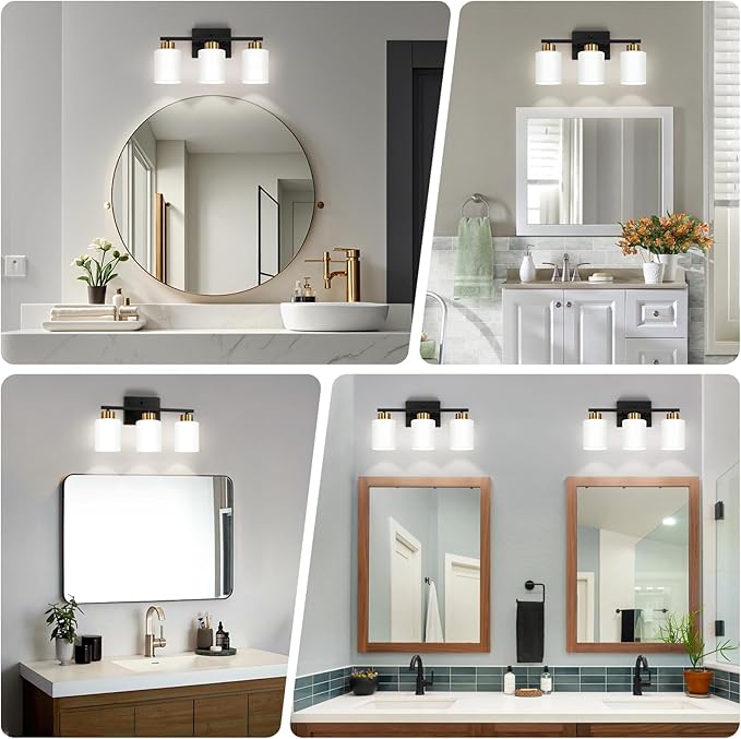 Black and Gold Bathroom Light Fixtures, 3-Light Modern Vanity Light Over Mirror, Wall Sconces with Milky White Frosted Glass Shades, E26 Socket (Bulbs Not Included)