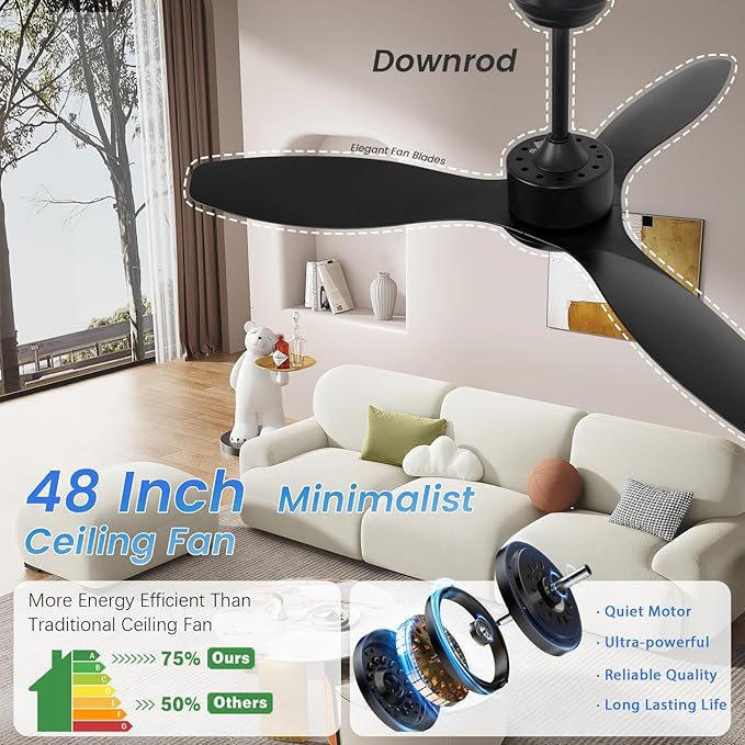 48 inch Ceiling Fans with Lights,Black Ceiling Fan with Light and Remote,3 Color Light,6 Speed,DC Motor,for Bedroom/Outdoor/Patios,Black