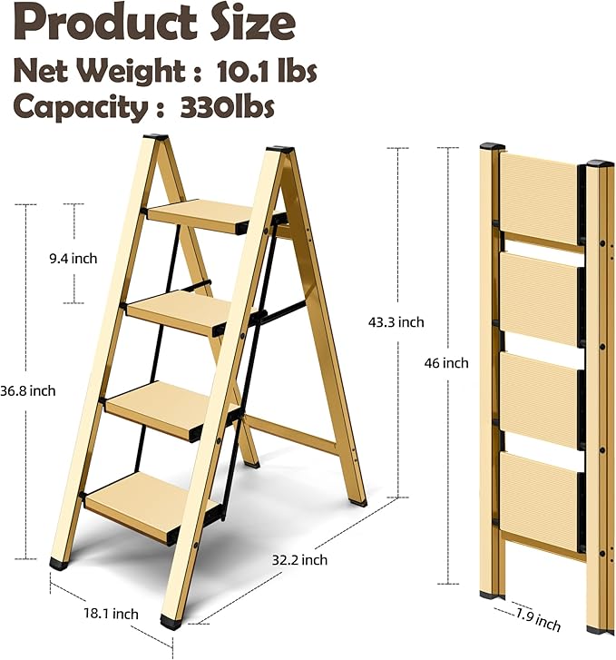 Taranta 4 Step Ladder,Aluminum Lightweight Folding 4 Step Stool with Anti-Slip Wide Pedal,330lbs Capacity Step Ladder for Household,Kitchen,Office - Gold