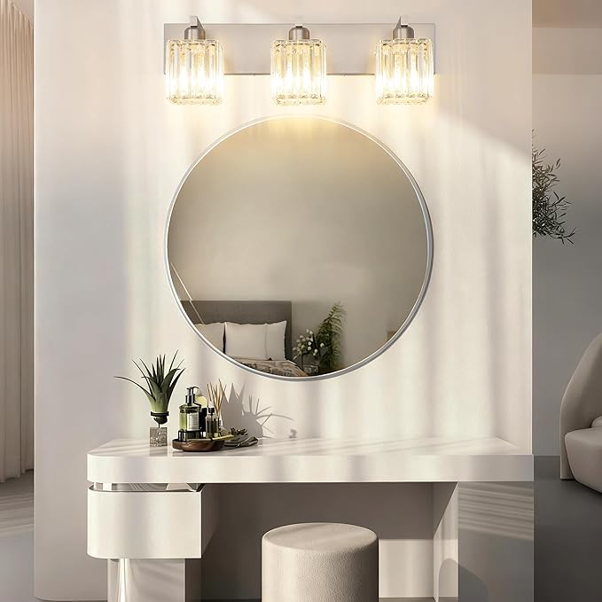 Aipsun Brushed Nickel Vanity Light Bathroom Lighting Fixtures 3 Light Crystal Modern Bathroom Vanity Light (Exclude Bulb)