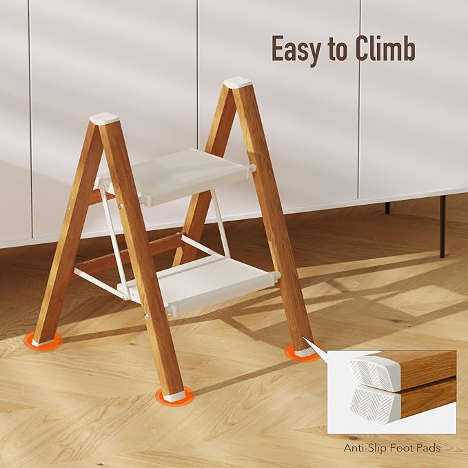 2 Step Lightweight Aluminum Folding Ladder, Portable Step Stool with Anti-Slip Pedals, 330 lbs Capacity for Home, Office, Kitchen（White&Woodgrain）