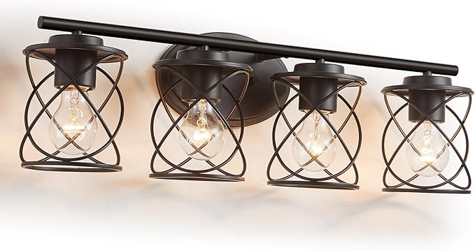mavcadonf Bathroom Vanity Light Fixtures Over Mirror, 4 Lights Modern Bathroom Wall Lamp for Mirror Kitchen Living Room Hallway Cabinet Porch, Farmhouse Wall Lights with Cage Shade, Matte Black