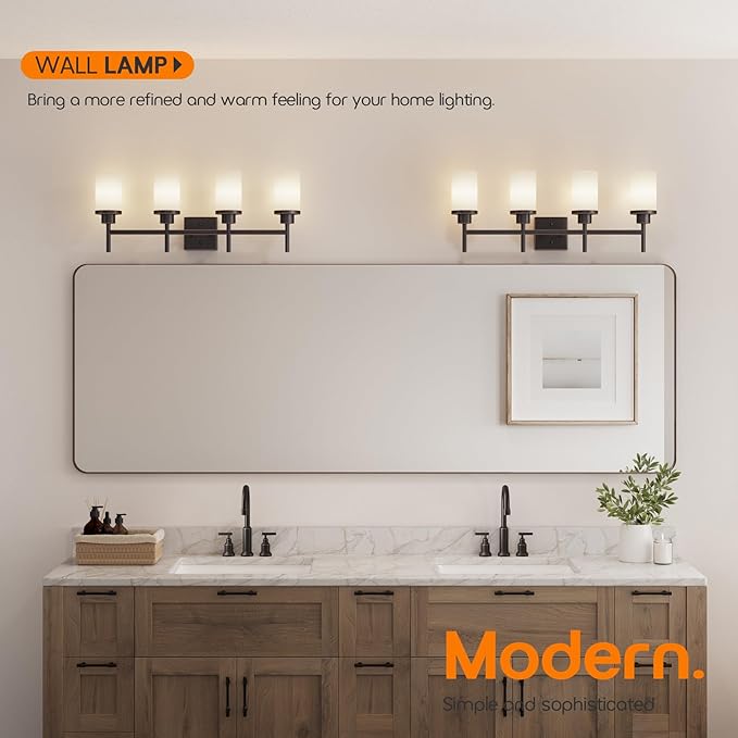 Bathroom Light Fixtures 4-Light Bathrom Vanity Lightings with White Frosted Glass Shade, Oil Rubbed Bronze Wall Lamps Over Mirror T001ORB-L4