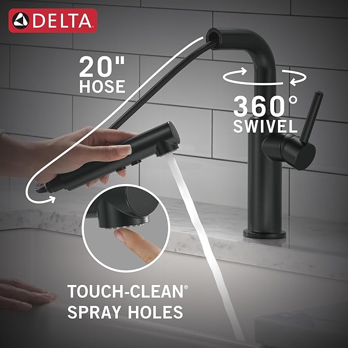 Delta Daneri Matte Black Kitchen Faucet with Pull-Out Sprayer, Modern Single Hole Kitchen Sink Faucet, Single Handle, Matte Black 16879-BL-DST