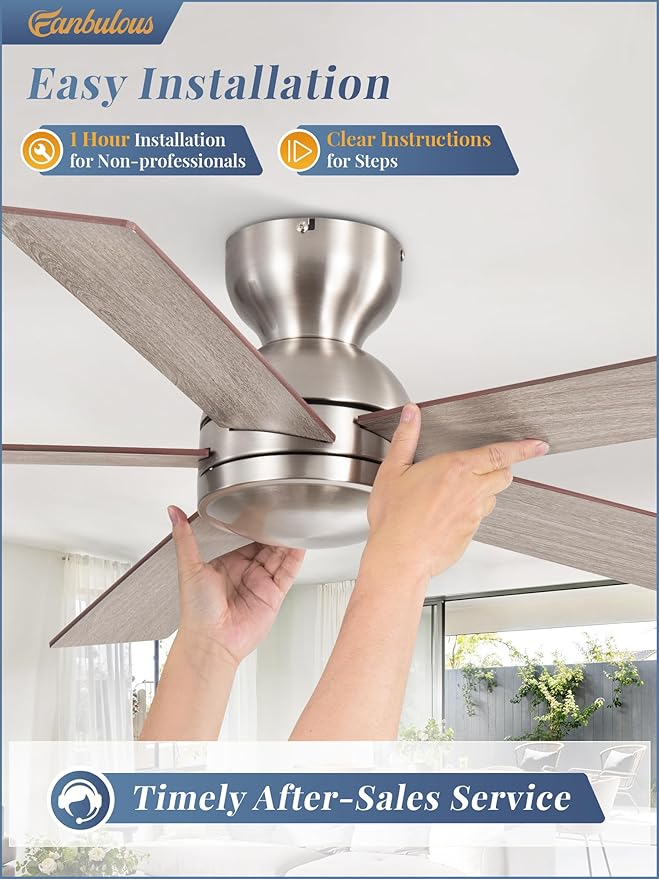 48 Inch Flush Mount Ceiling Fans without Lights, Brushed Nickel Modern Ceiling Fan no Lights, 6-Speeds, Quiet Reversible DC Motor, Indoor/Outdoor Ceiling Fans for Patios, Living Room, Bedroom