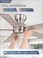 48 Inch Flush Mount Ceiling Fans without Lights, Brushed Nickel Modern Ceiling Fan no Lights, 6-Speeds, Quiet Reversible DC Motor, Indoor/Outdoor Ceiling Fans for Patios, Living Room, Bedroom