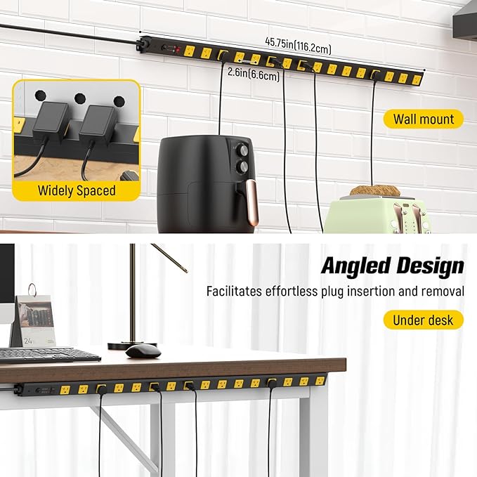 HHSOET 16 Outlet Long Power Strip, 15FT Heavy Duty Power Strip with 4800J Surge Protection, 20a Mountable Wide-Spaced Outlets for Home, Office, Garage & Workshop - ETL Certified