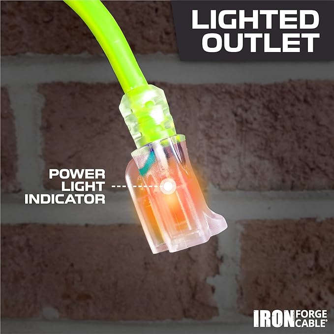 Iron Forge Cable Weatherproof 50 Ft Outdoor Extension Cord - 12/3 SJTW 15 Amp Heavy Duty Light Green High Visibility Cable with 3 Prong - Lighted End