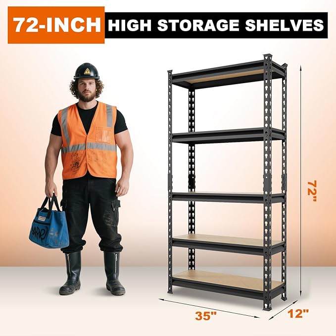 BIG RED Storage Shelving Unit, 5-Tier Adjustable, Heavy Duty Metal Garage Shelves/Utility Rack for Kitchen, Pantry, Basement, Bathroom, Laundry - 2,000 lbs Capacity, Black, 72" H x 35" W x 12" D