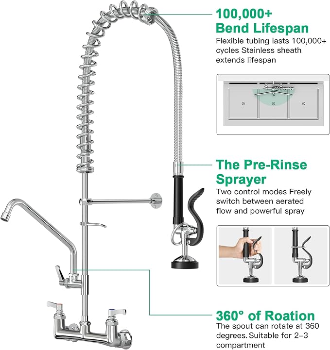 Commercial Faucet with Sprayer for Kitchen Staff: 36 Inches Commercial Faucet Pre Rinse Sprayer 8 inch Center Wall Mount Kitchen with 12 inch Add on Spout