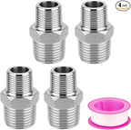 4 Pack 1/2 to 3/8 Reducer Faucet Adapter 304 Pipe Fitting 3/8 Male to 1/2 Male Supply Line Adapter for RV Kitchen Plumbing Water Hose Pipe Connector with Rubber Washer