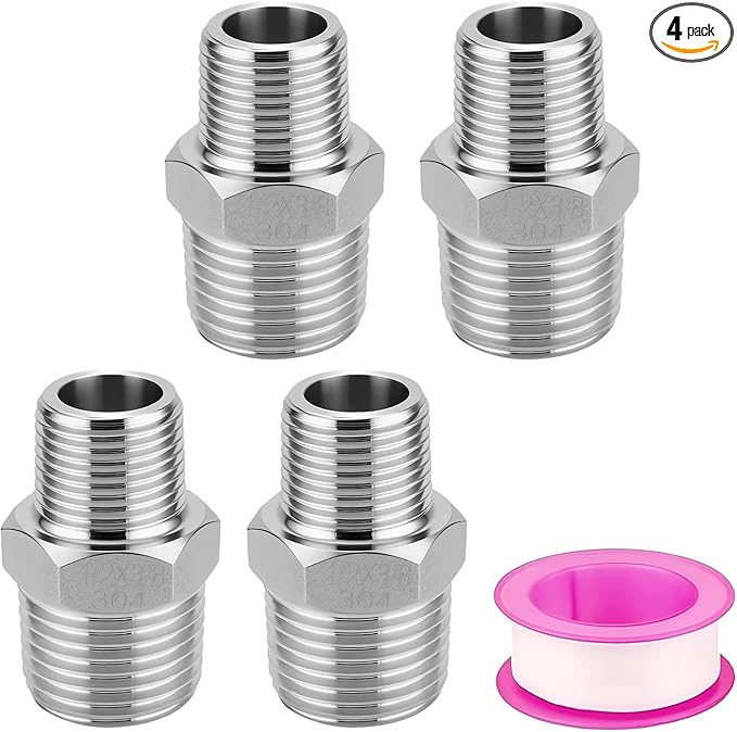 4 Pack 1/2 to 3/8 Reducer Faucet Adapter 304 Pipe Fitting 3/8 Male to 1/2 Male Supply Line Adapter for RV Kitchen Plumbing Water Hose Pipe Connector with Rubber Washer
