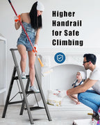 3 Step Ladder, Slim Folding Steps Stool with Handrail, Iron Foldable Black Ladder with Anti-Slip Wide Pedal, for Home, Kitchen, Office, Garage Use (300 lbs Capacity)