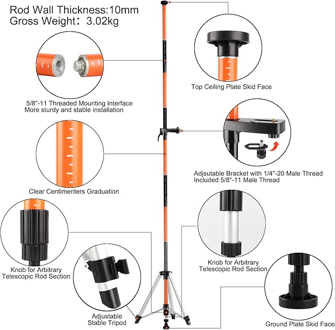 KEZERS Laser Level Pole with Tripod,12Ft./3.7M Telescoping Pole for Laser Levels,1/4”-20 Laser Mount for Rotary and Line Laser Level,Adjustable Pole and Tripod with 5/8”-11 Threaded Adapter-FLP370B
