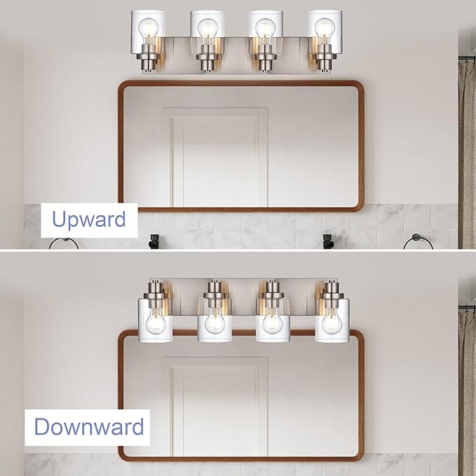 4 Light Vanity Light Brushed Nickel Bathroom Lighting Fixtures Over Mirror, Modern Bathroom Light with Clear Glass Shade, Farmhouse Vanity Lights