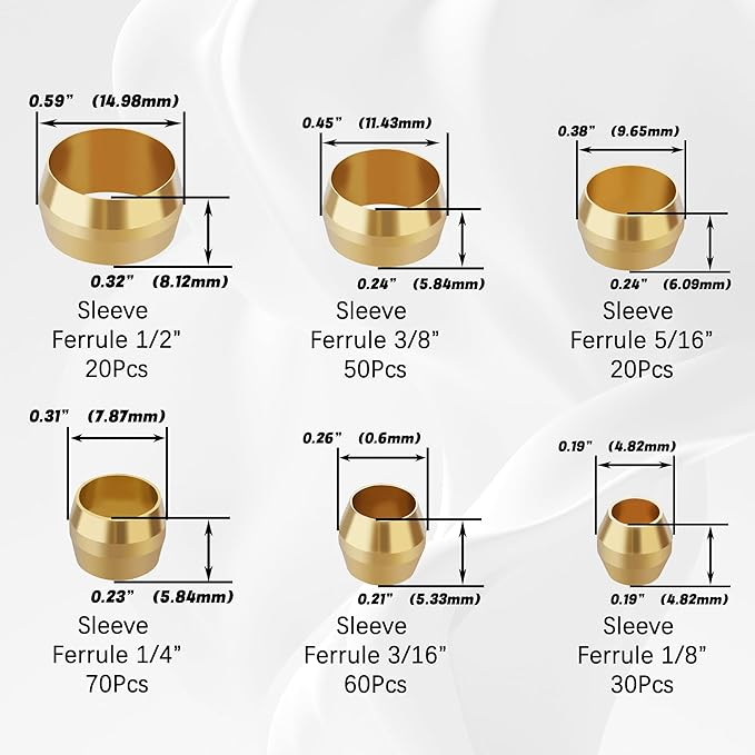 260PCS Compression sleeve ferrule kit - 6 Sizes (1/4", 3/8", 5/16", 1/2", 3/16", 1/8") of Brass Compression Sleeve Ferrule, Connect Lines for Air,Water,Fuel,Oil and Inert Gases