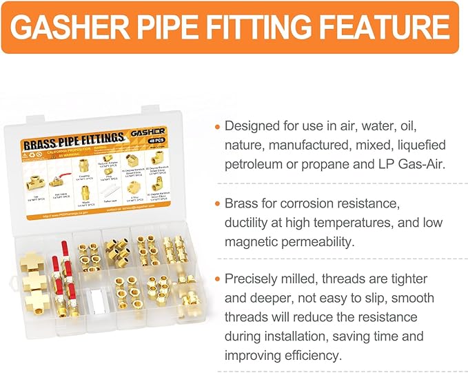 GASHER 48PCS 1/4"NPT Brass Pipe Fittings Kit，Coupling，90 Degree Elbow，45 Degree Elbow，Nipple，Ball Valve，Plug，Tee，4 Way，Reducer Adapter