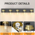 IZORRO Bathroom Vanity Light Fixture, 5-Light 36 Inch Black and Gold Bathroom Light Fixtures Over Mirror, with Clear Glass Shade, Modern Farmhouse Vanity Lights, Rustic Restroom Lighting Fixtures