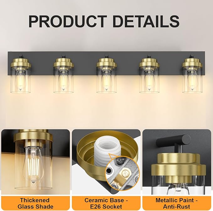 IZORRO Bathroom Vanity Light Fixture, 5-Light 36 Inch Black and Gold Bathroom Light Fixtures Over Mirror, with Clear Glass Shade, Modern Farmhouse Vanity Lights, Rustic Restroom Lighting Fixtures
